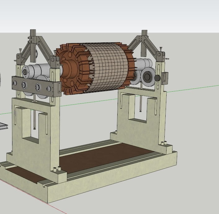 Rotor de motor eléctrico en una máquina de equilibrado dinámico con rodamientos de apoyo y sensores para el análisis de vibraciones